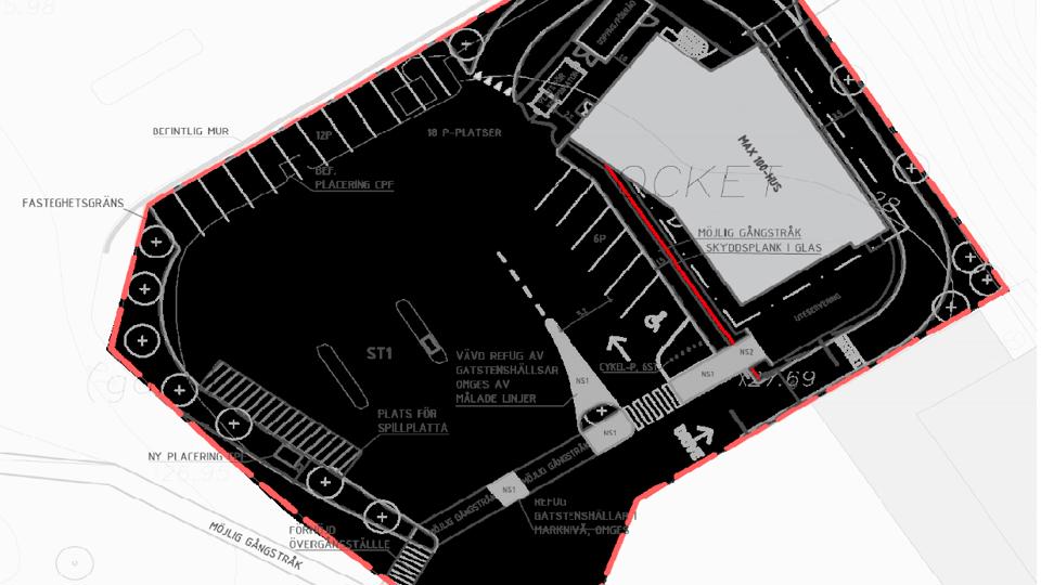 Skiss som visar planområdet. Olika delar som p-platser, plats för spillplatta, tankplatser, Max-byggnaden och gångstråk är markerade.